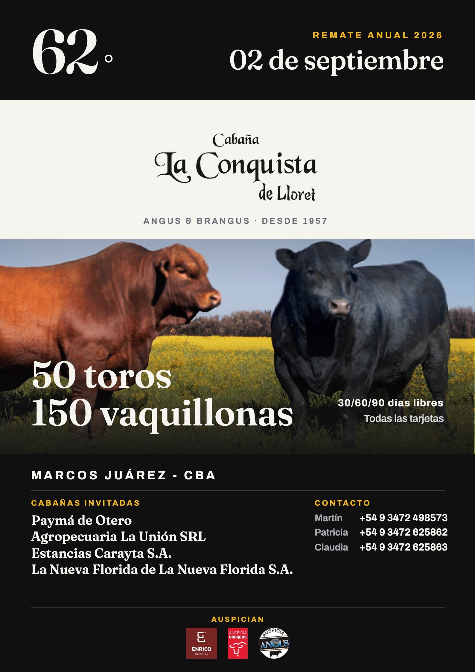 Flyer oficial del 62° Remate Anual: 2 de septiembre de 2026, 50 toros · 150 vaquillonas, Marcos Juárez